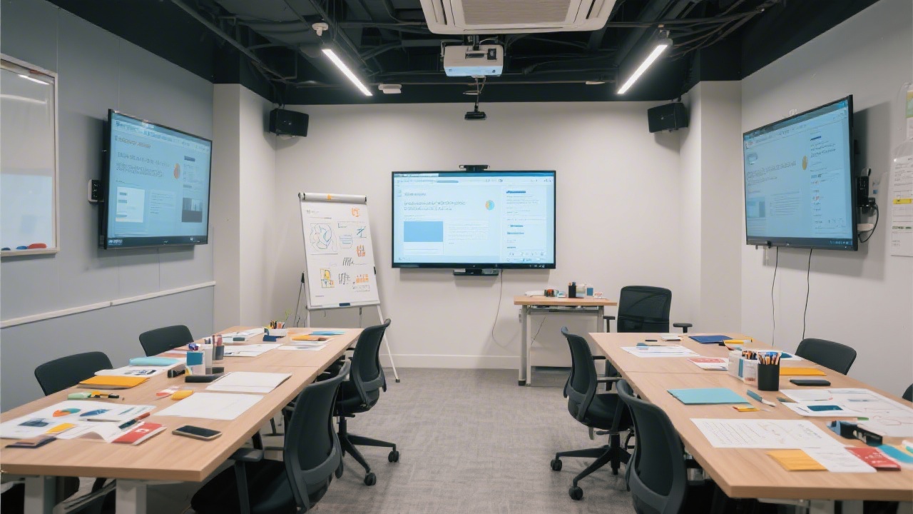Small modern training studio in Central Hong Kong featuring collaborative tables, large screens, and design materials arranged for professional web design instruction