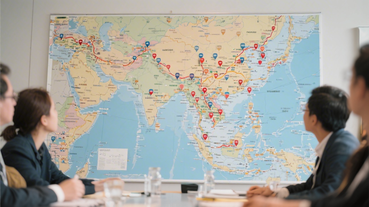 Asia-focused business map with highlighted trade routes and city markers, used in a workshop to plan regional brand expansion strategies