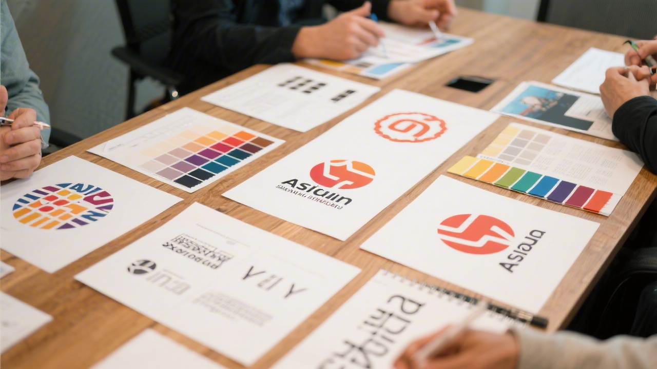 Brand strategy workshop table with printed logo drafts, color swatches, and typography samples for an Asia-focused company rebranding initiative