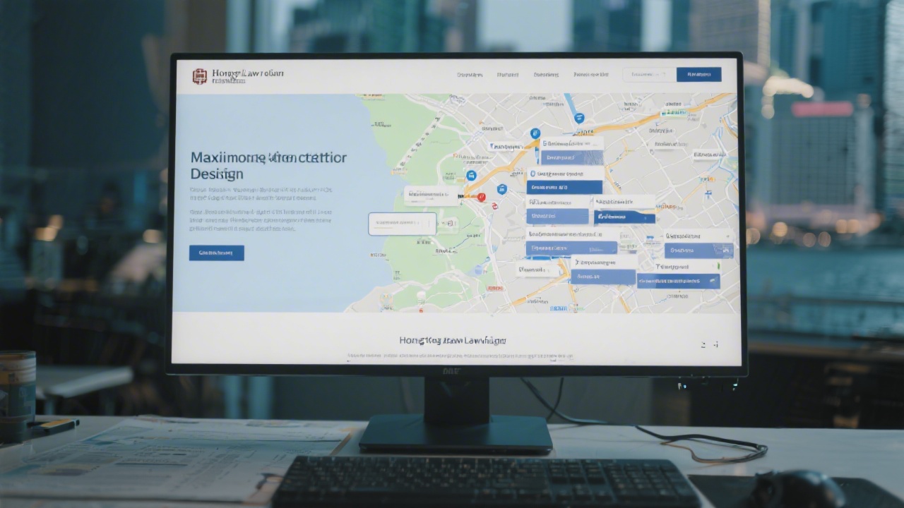Work-in-progress website redesign for a Hong Kong law firm shown on a large monitor with navigation mapping and structured content blocks