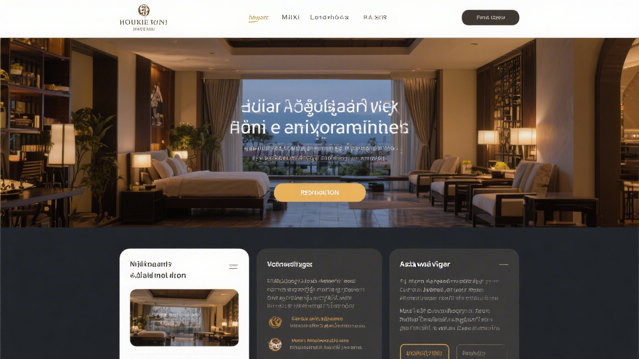 Mock landing page for a hospitality brand with large hero image, reservation CTA, and multilingual content columns prepared for Asia-wide visitors