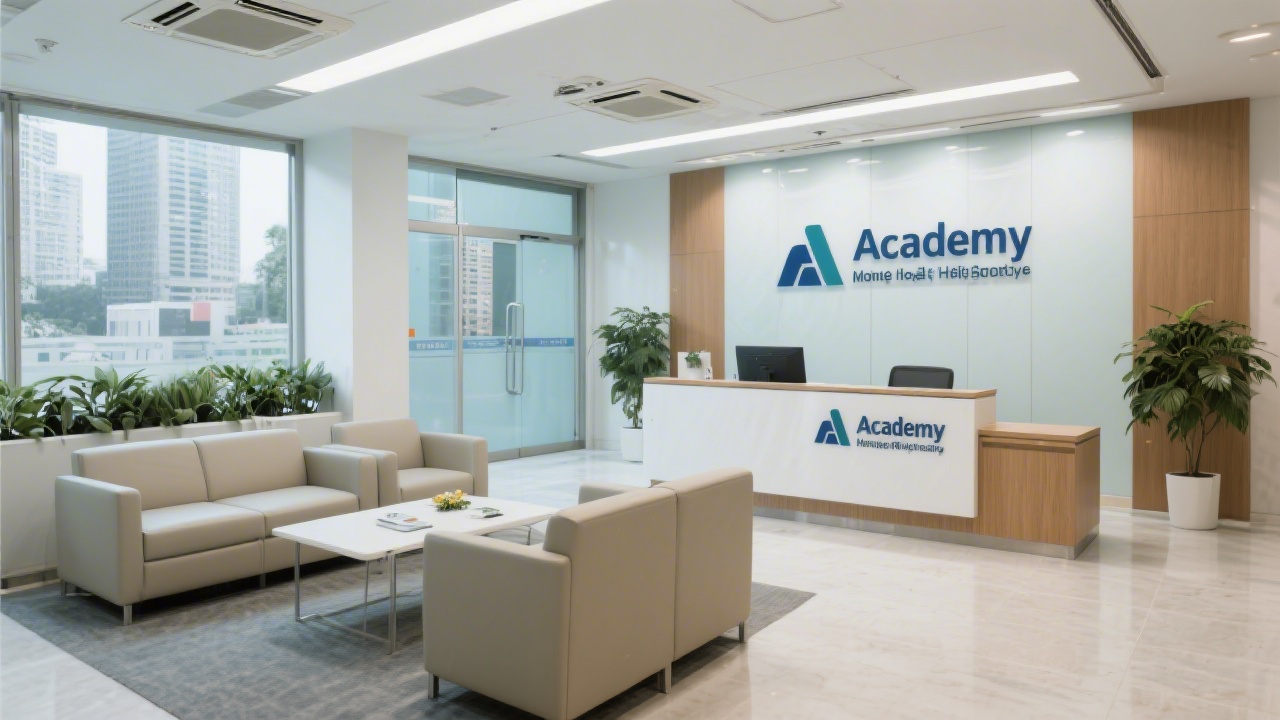 Professional reception area in a Hong Kong office building with seating, academy signage, and a clear, welcoming environment for visitors