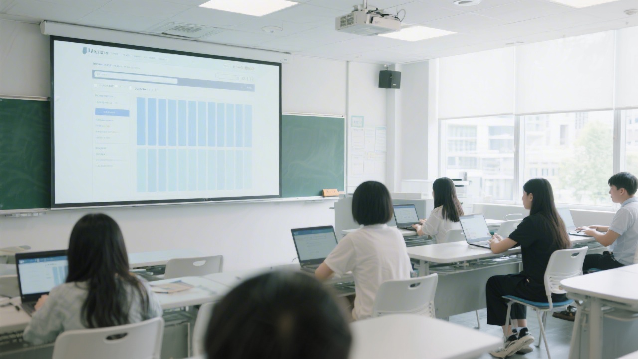 Bright modern classroom in Hong Kong with students working on laptops, large display showing website layout grids, natural light and minimal design elements emphasizing a professional academy atmosphere