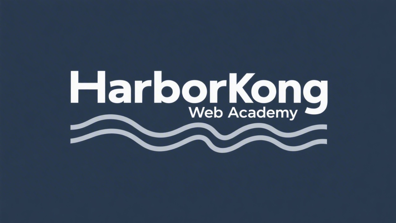 Simple modern wordmark logo reading HarborKong Web Academy in clean sans-serif lettering, minimal waves below, designed for easy rendering and clear visibility