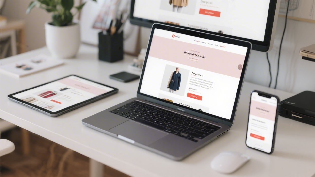 Designer’s desk with responsive website mockups on tablet, laptop, and mobile phone screens showing consistent layouts and clear navigation for a retail brand