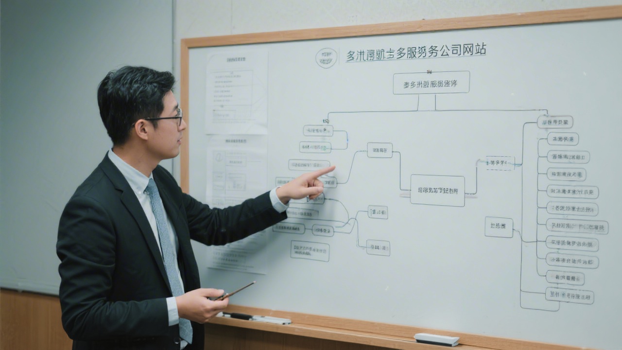 Instructor pointing at a wireframe board showing navigation structure and user flow for a multi-service corporate website in Hong Kong