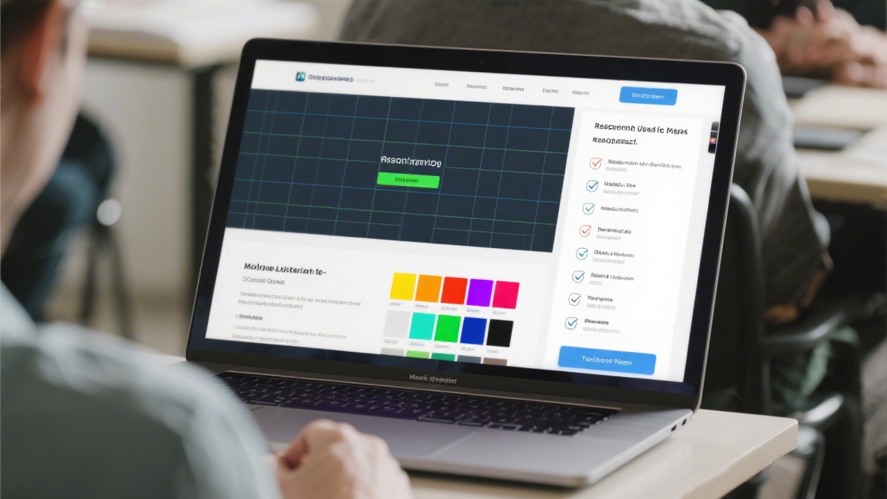 Laptop screen showing a responsive website with grid overlays, color swatches, and a checklist for mobile usability in a training session