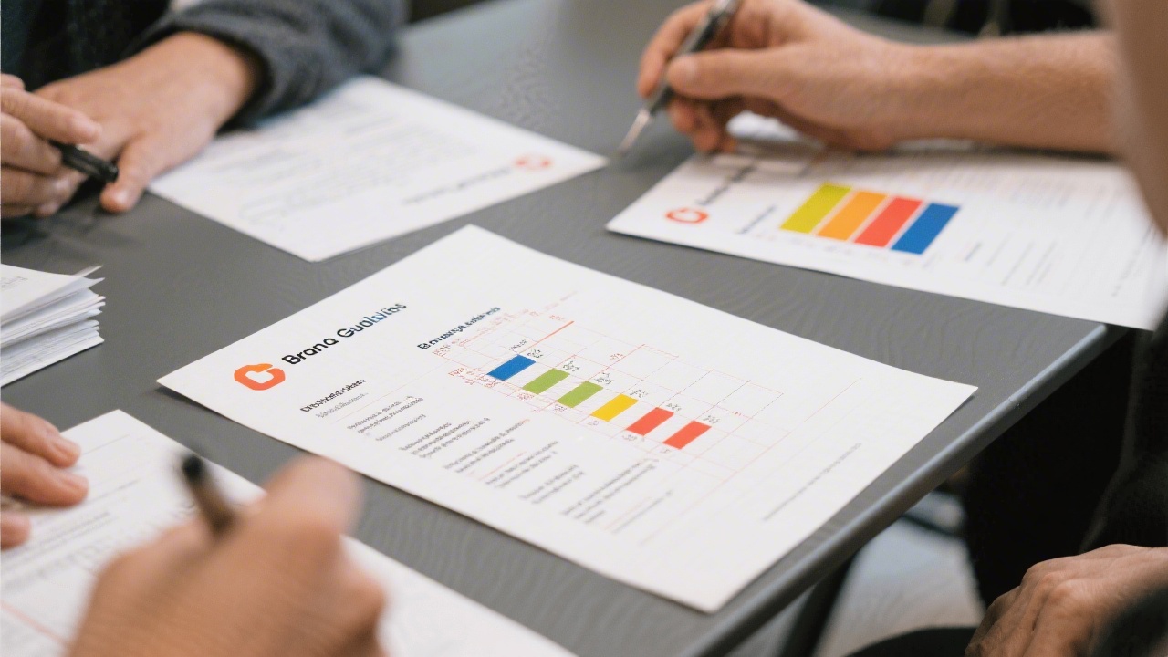 Printed brand guideline sheets with logo spacing rules, primary colors, and typography hierarchy used in a branding workshop setting