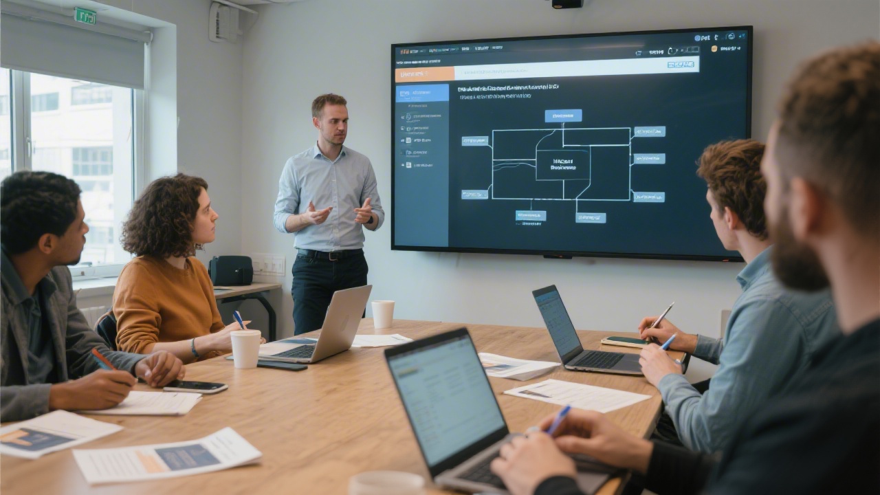 Workshop setting with instructor presenting a web design framework on a large screen, while participants take notes with laptops and printed brand guidelines