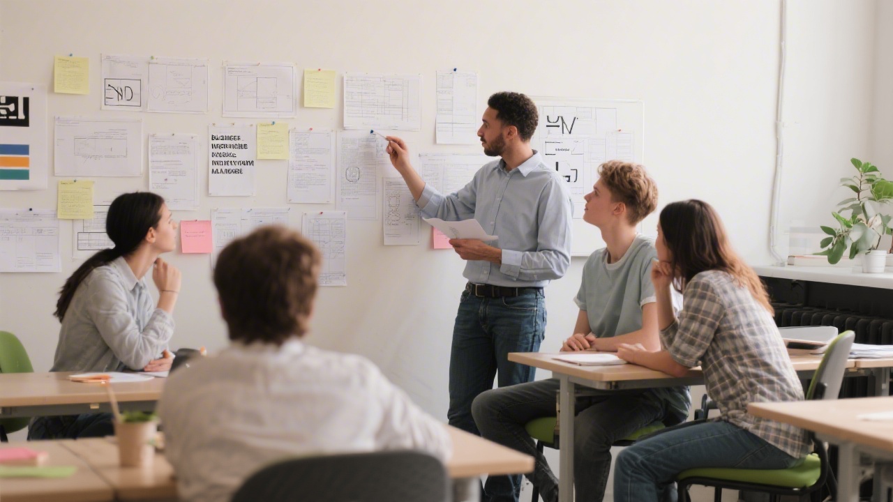 Design classroom with students reviewing wireframes pinned on a wall, collaborative discussion around typography and layout choices for business websites