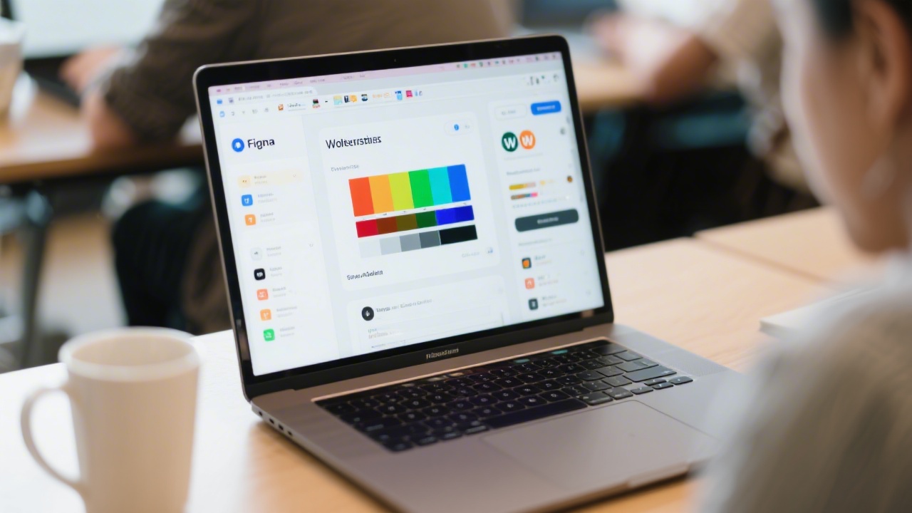 Close-up of laptops showing Figma and WordPress editing screens, color palettes, and style guides used in a professional learning environment