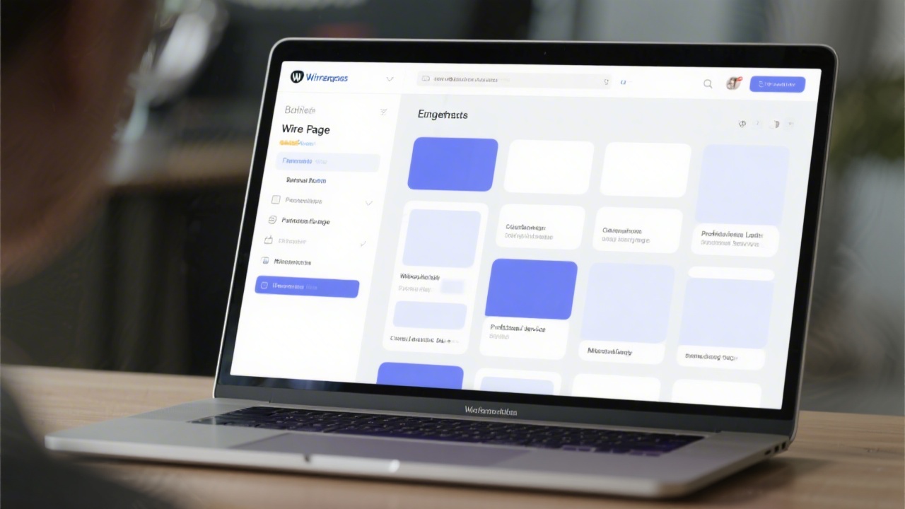 WordPress editor interface displayed on a laptop with modular page blocks, clean typography, and a focus on creating business landing pages for professional services